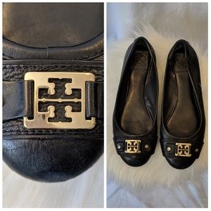 Tory Burch black leather flats gold hardware